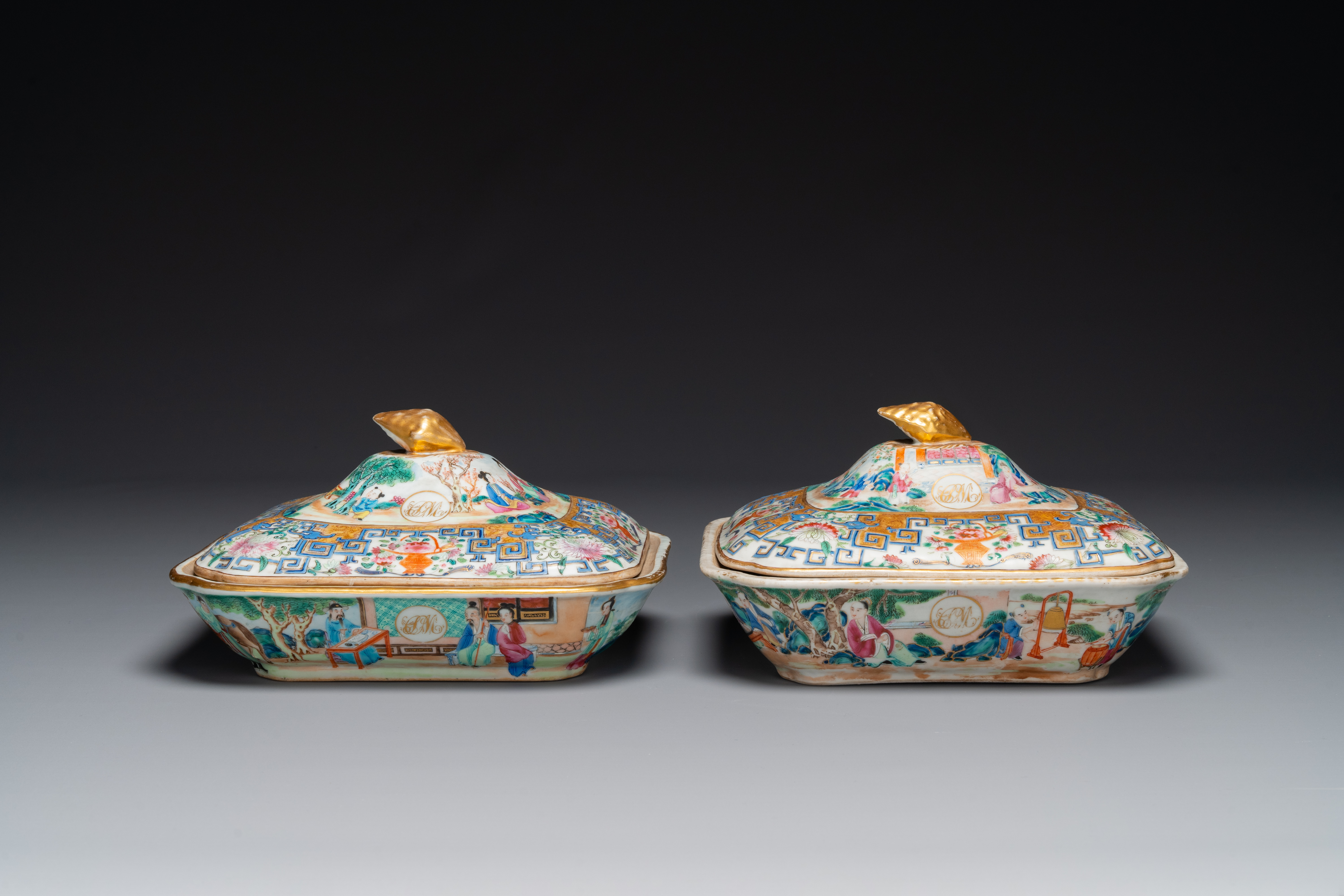 A pair of Chinese 'CSM' monogrammed Canton famille rose tureens and covers, 19th C. - Image 3 of 6