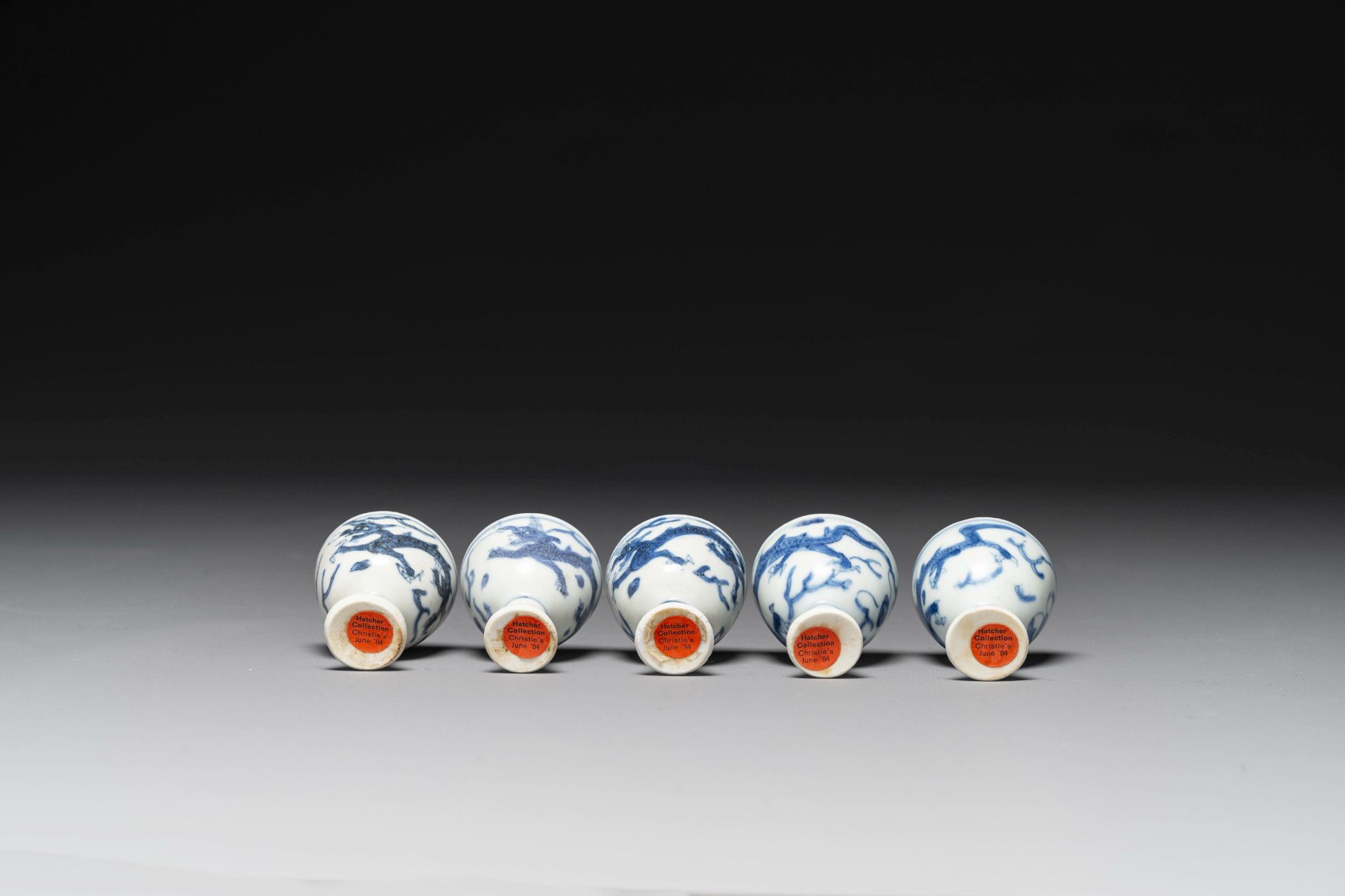 Five Chinese blue and white 'Hatcher cargo' stem cups with dragons, Transitional period - Image 5 of 5