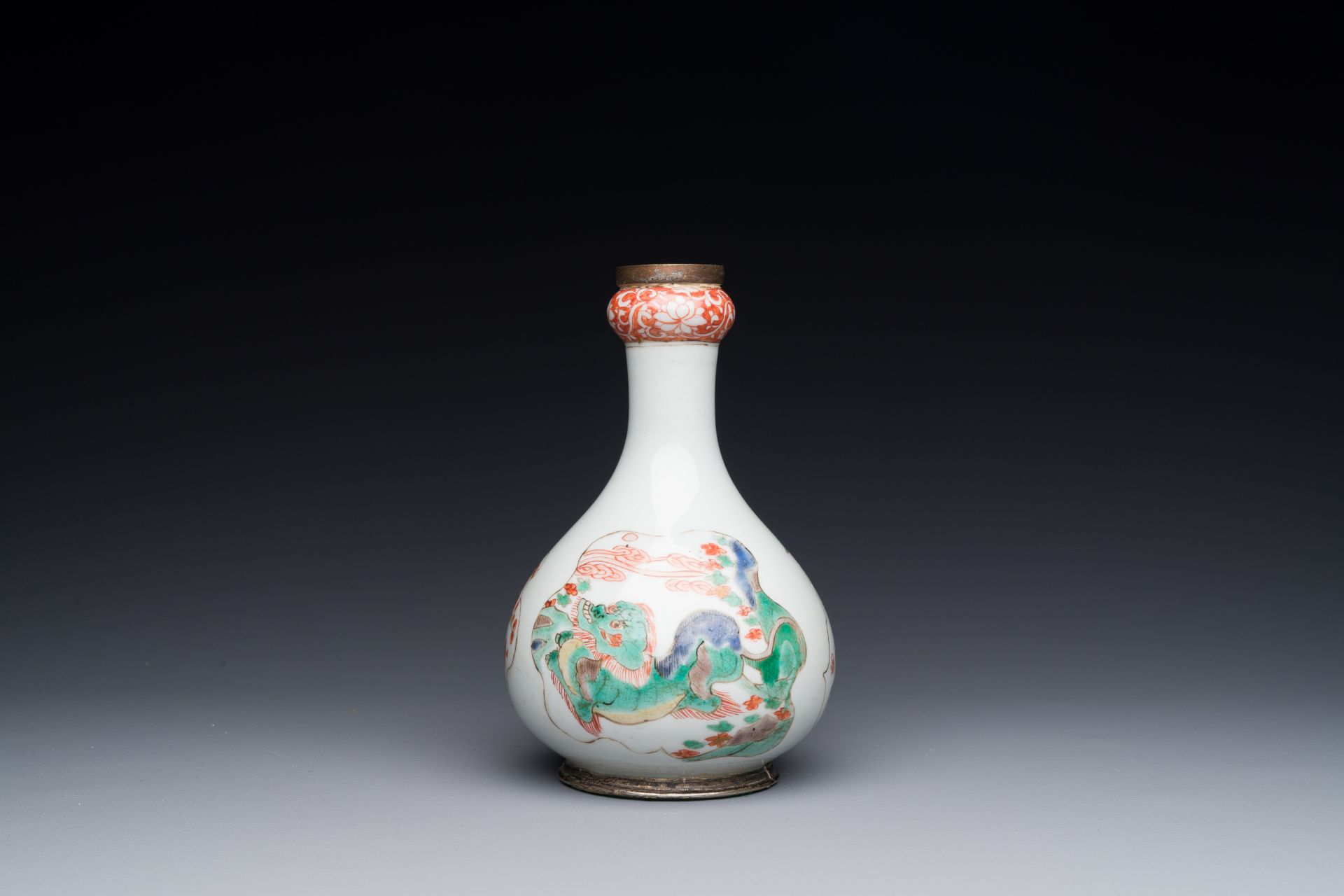 A Chinese famille verte 'qilin' vase with silver mounts, Kangxi - Image 2 of 4