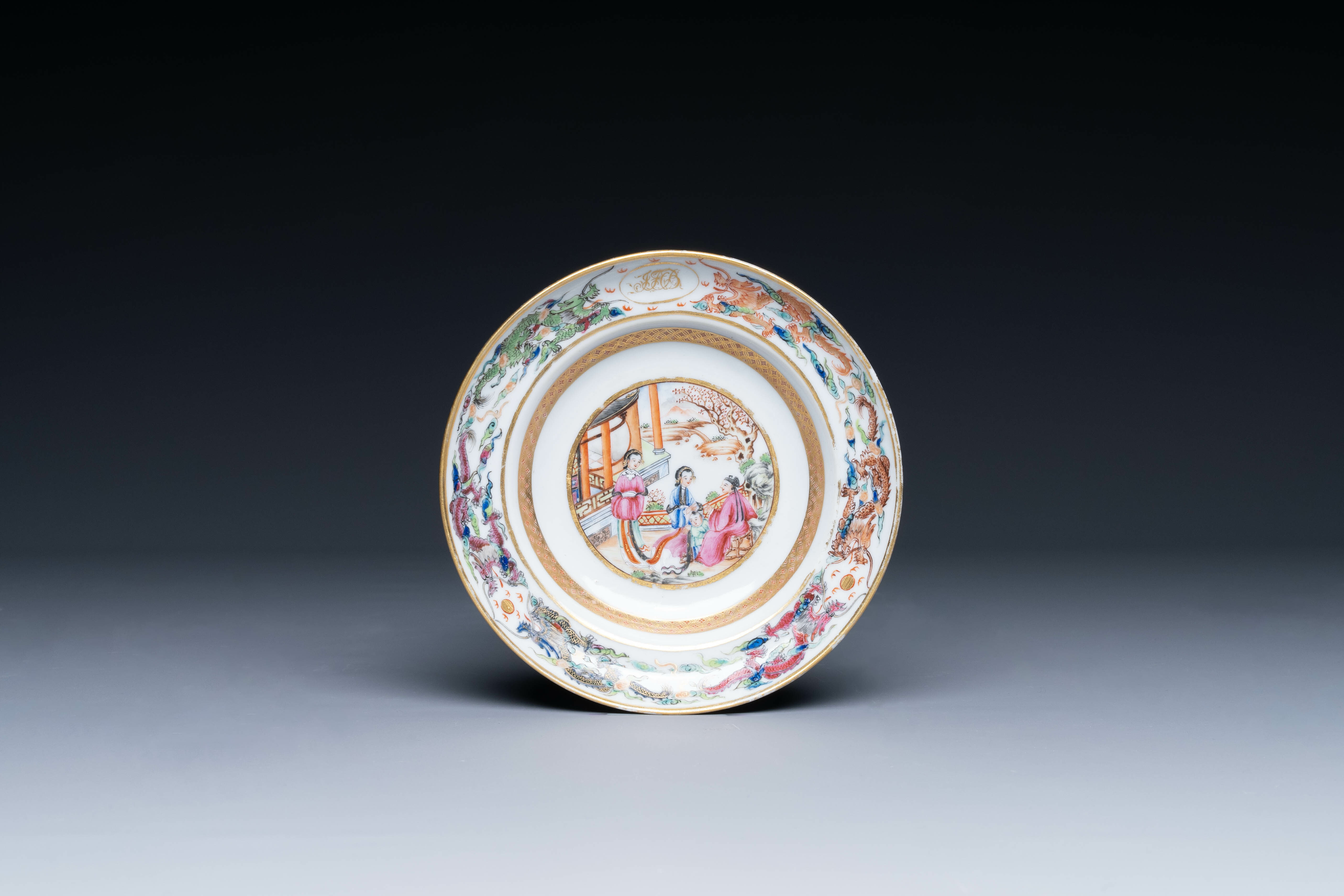 A Chinese Canton famille rose tureen with two compartments and a monogrammed plate, 19th C. - Image 2 of 5