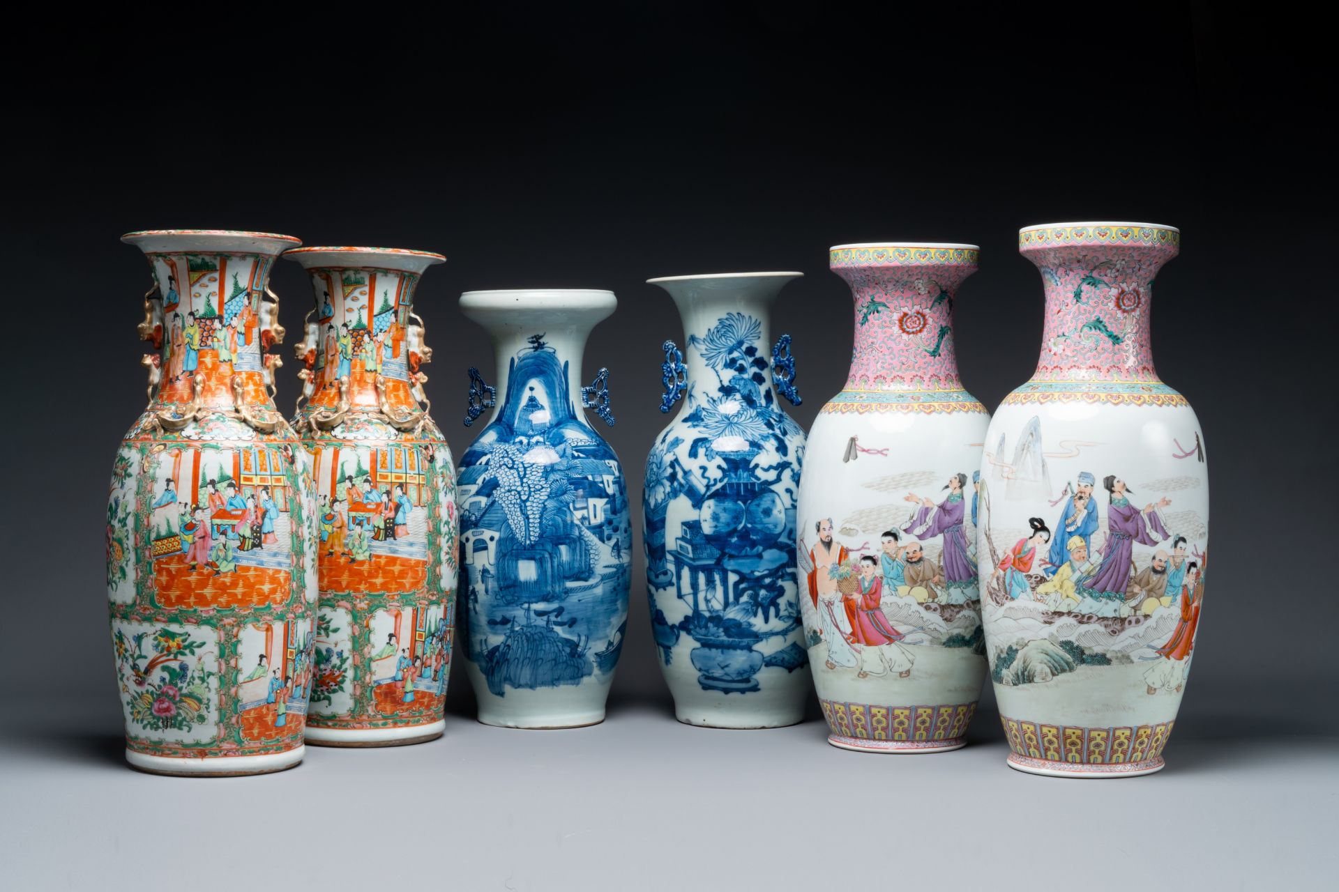 Group of six Chinese famille rose and blue and white vases, 19th C.