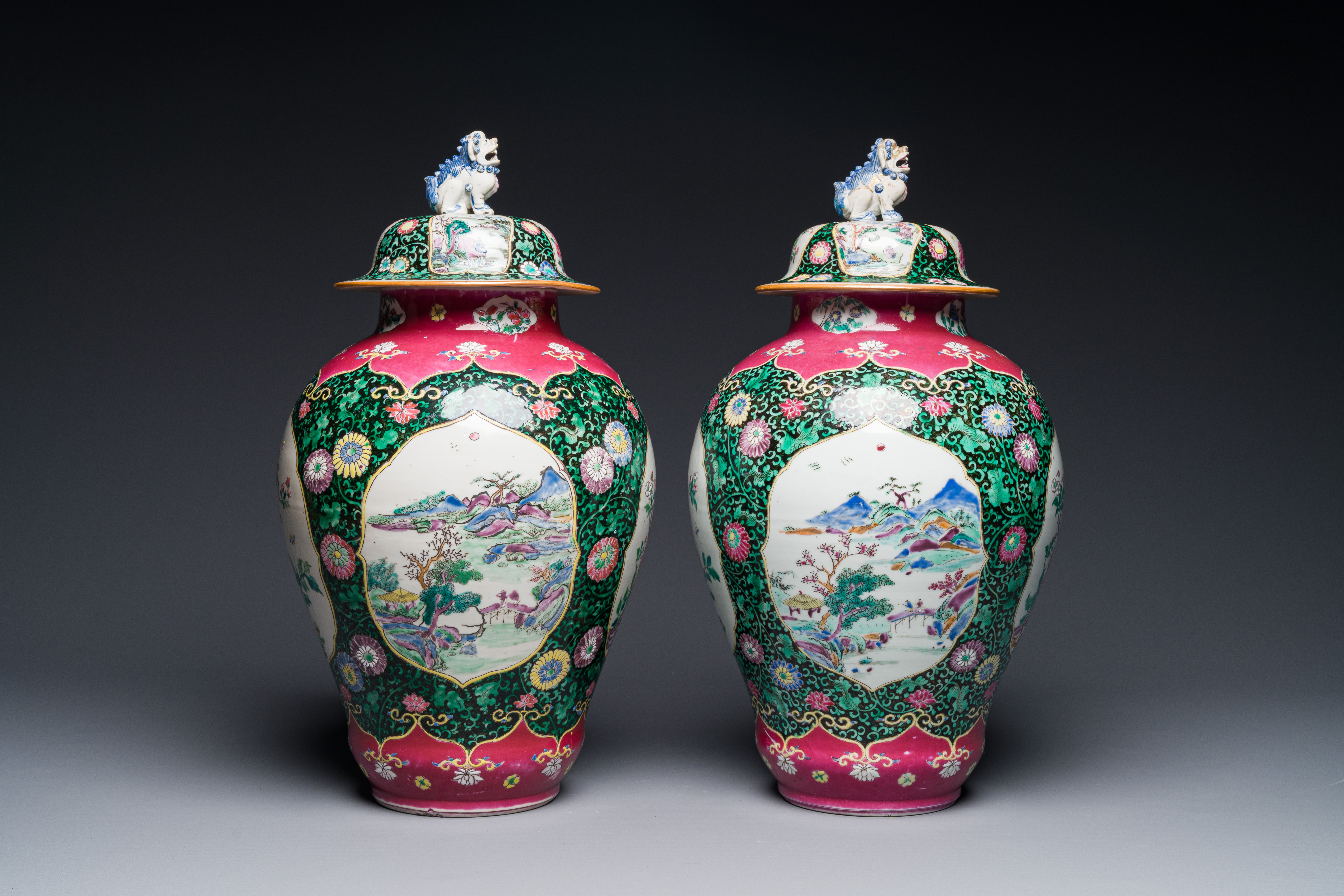 A pair of Chinese famille rose black-ground jars and covers with mountainous landscape design, Yongz - Image 3 of 6