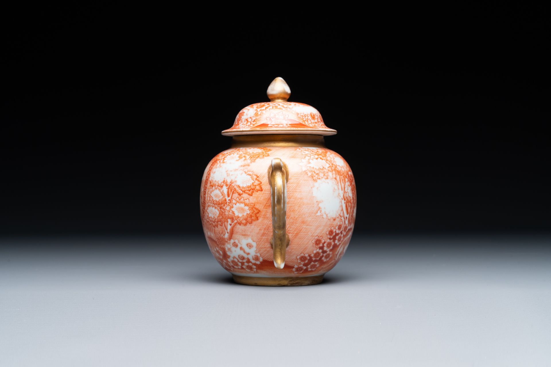 A rare Chinese iron-red-decorated and gilded 'European scene' teapot and cover, Qianlong - Image 4 of 6
