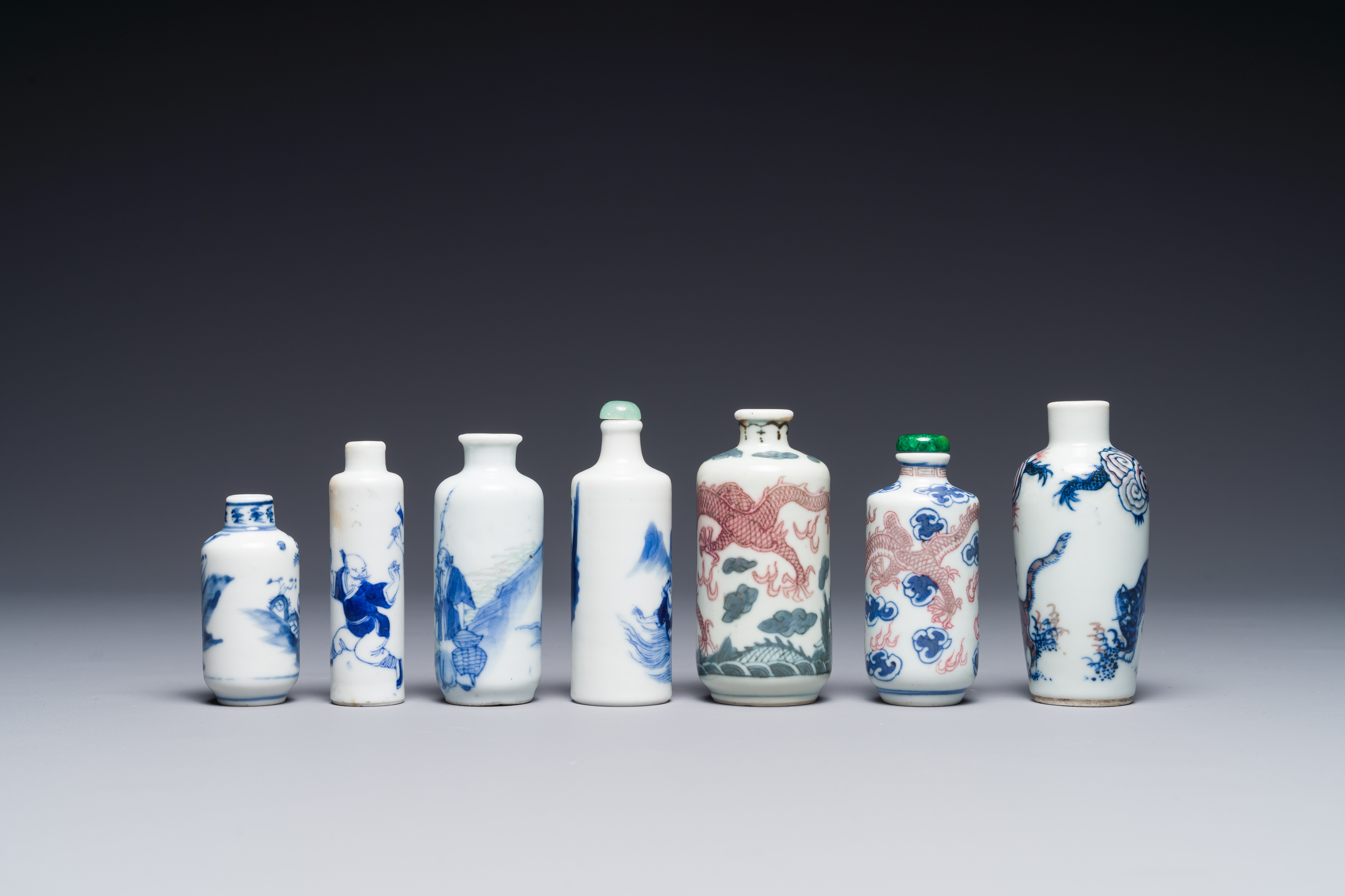 Seven Chinese blue, white and copper-red snuff bottles, Yongle and Yongzheng mark, 19th C. - Image 3 of 4