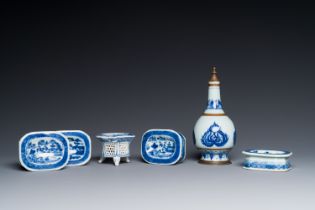 Five Chinese blue and white salts and a sprinkler with copper mounts, Kangxi/Jiaqing