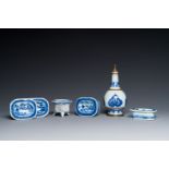 Five Chinese blue and white salts and a sprinkler with copper mounts, Kangxi/Jiaqing