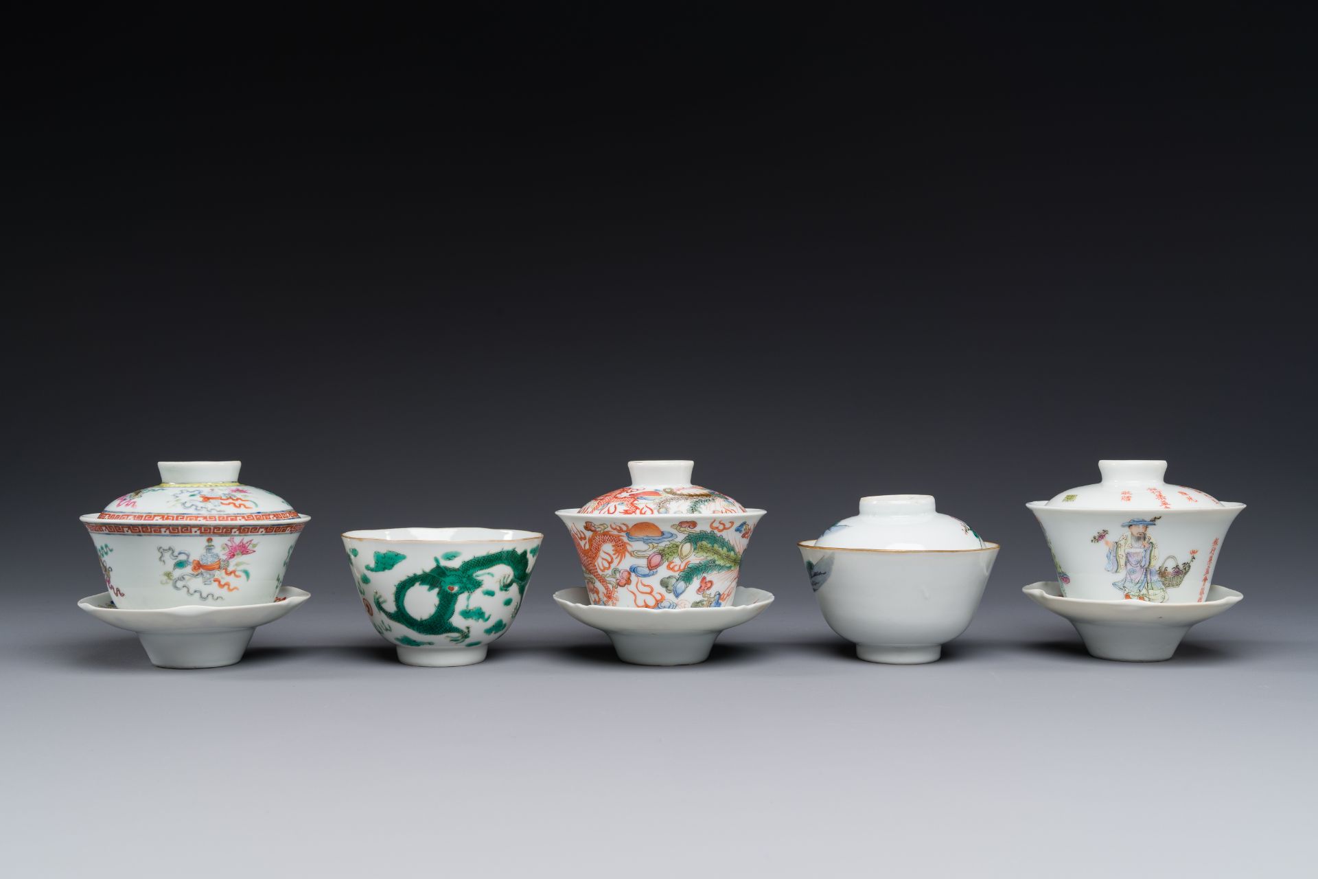 Four Chinese famille rose covered bowls, three with saucers and a 'dragon' bowl, signed Wang Darong - Image 3 of 4