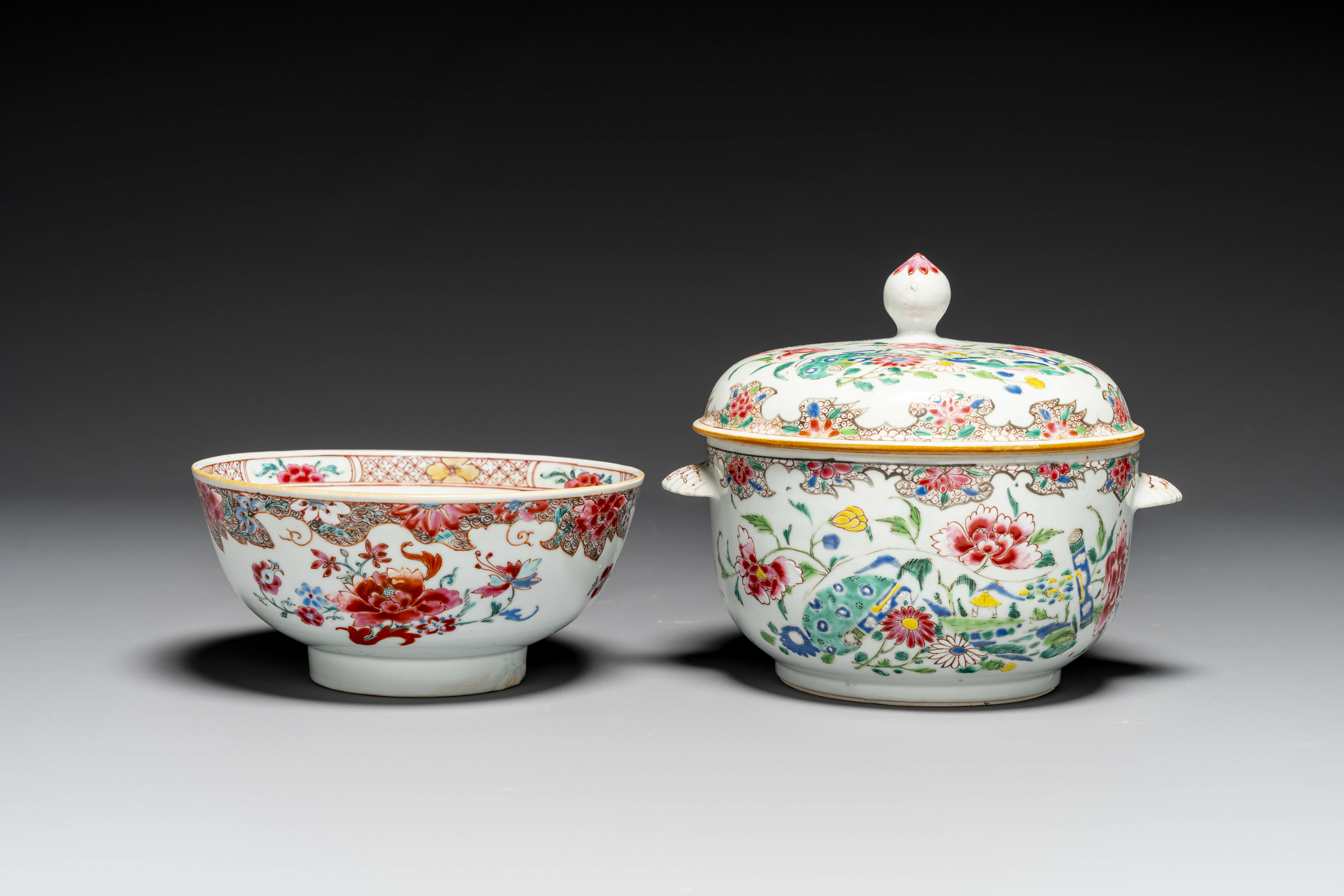 A Chinese famille rose bowl and a covered tureen, Yongzheng/Qianlong - Image 2 of 4