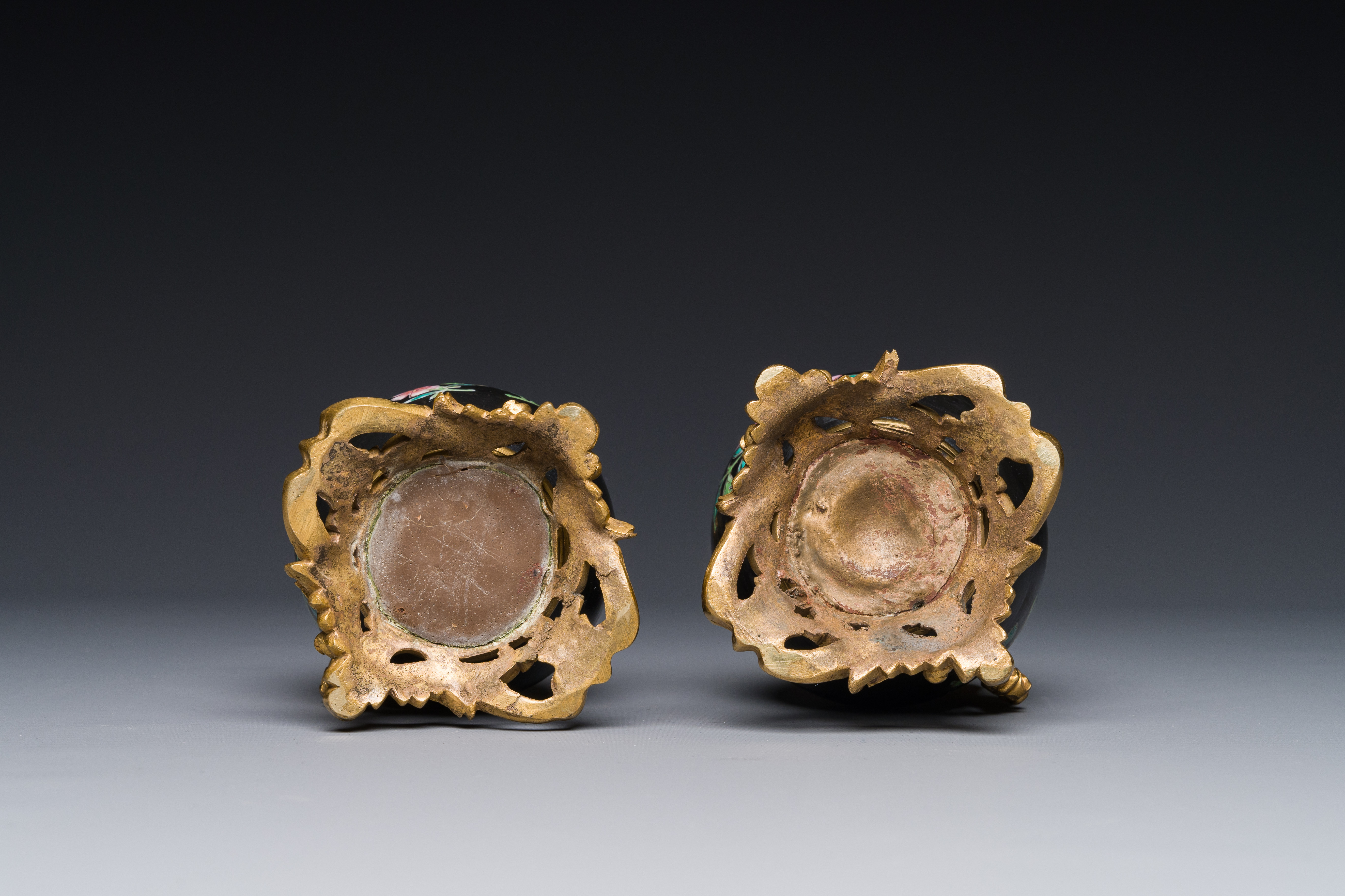 A pair of Chinese black-ground famille rose vases with gilt bronze mounts, Yongzheng - Image 4 of 4