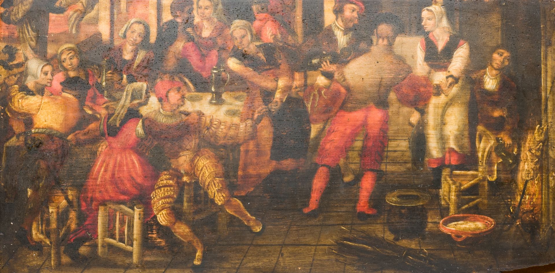 Flemish school: 'Making merry at an inn', oil on panel, 17th C. - Image 3 of 12