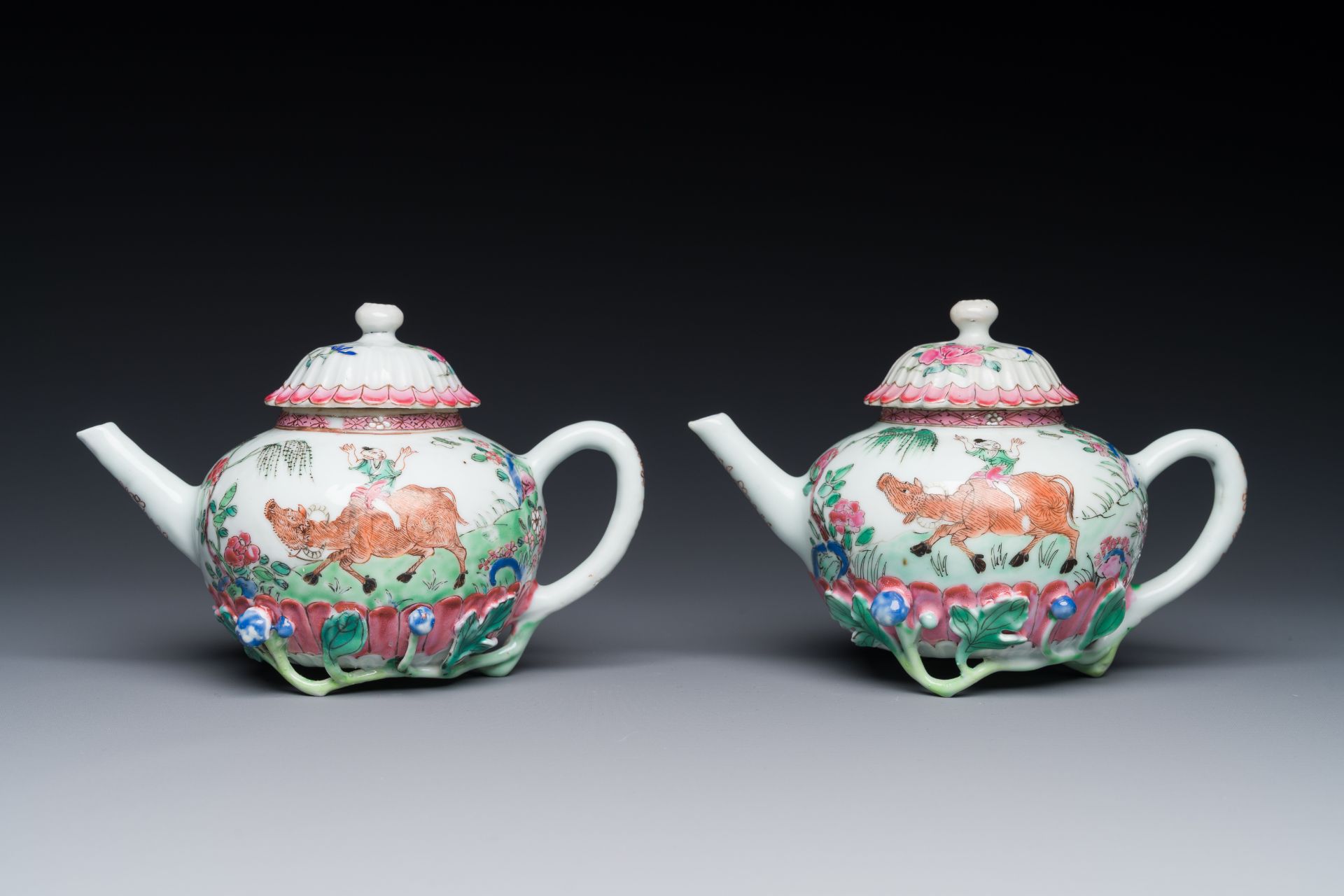 A pair of Chinese famille rose 'boy and buffalo' teapots, Yongzheng - Image 2 of 4