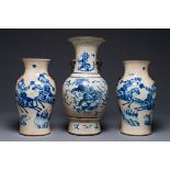 Three Chinese blue and white Nanking crackle-glazed vases, Chenghua mark, 19th C.