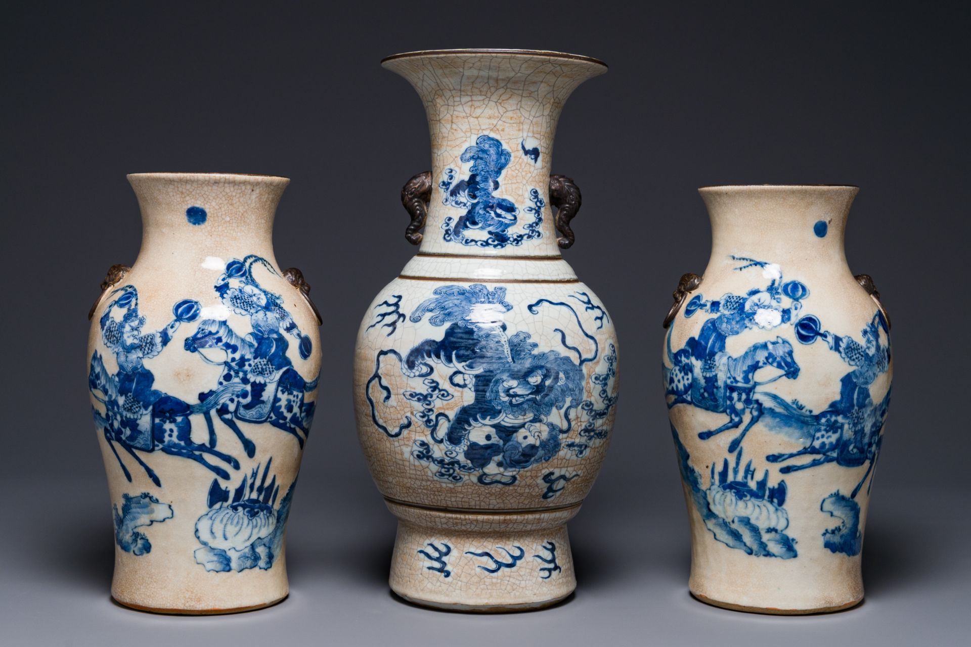 Three Chinese blue and white Nanking crackle-glazed vases, Chenghua mark, 19th C.