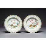 A pair of Chinese famille rose 'quail' plates, Yongzheng