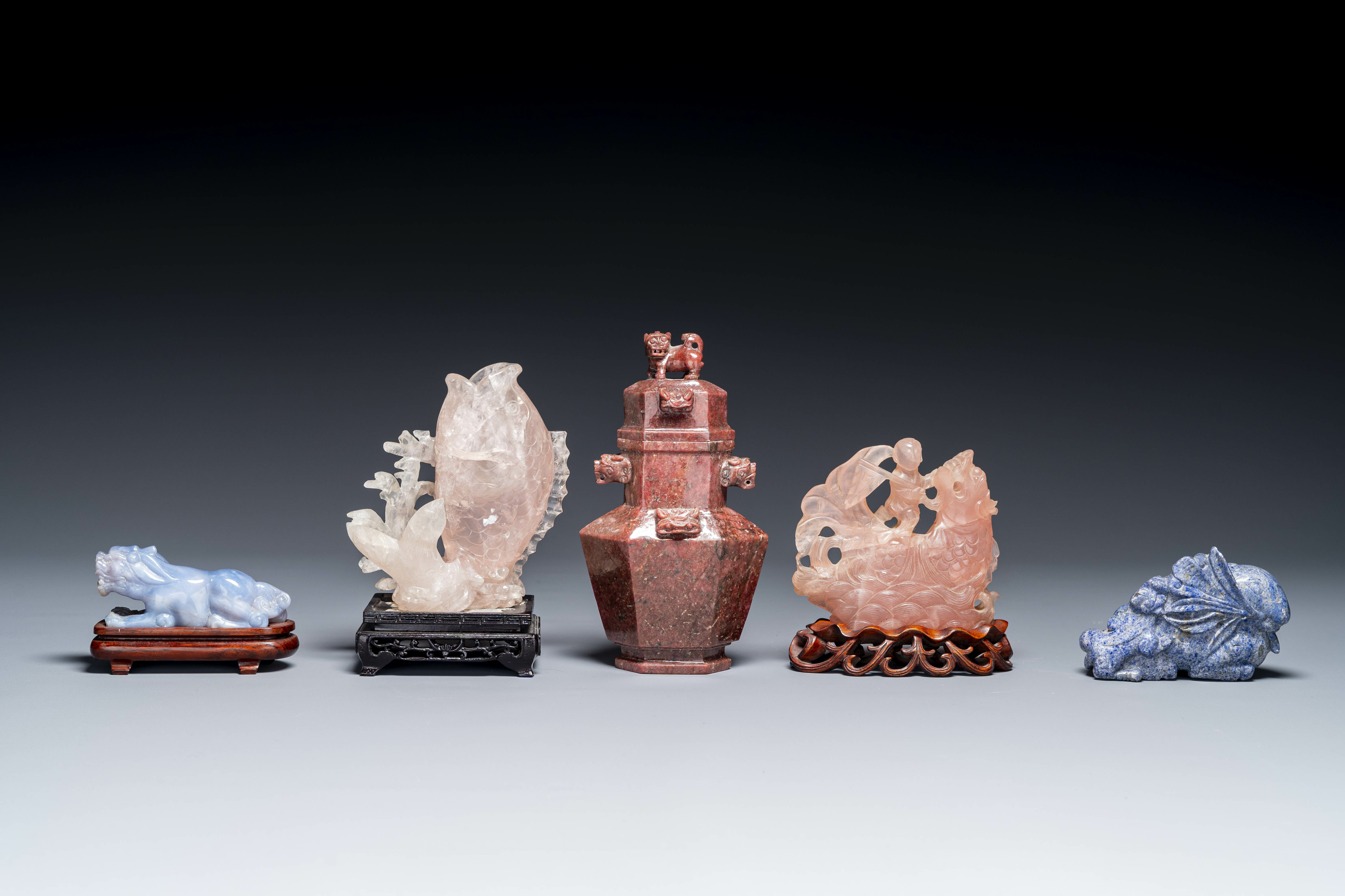 A group of Chinese carvings in lapis lazuli, pink quartz and other precious stones, with several sta - Image 4 of 8