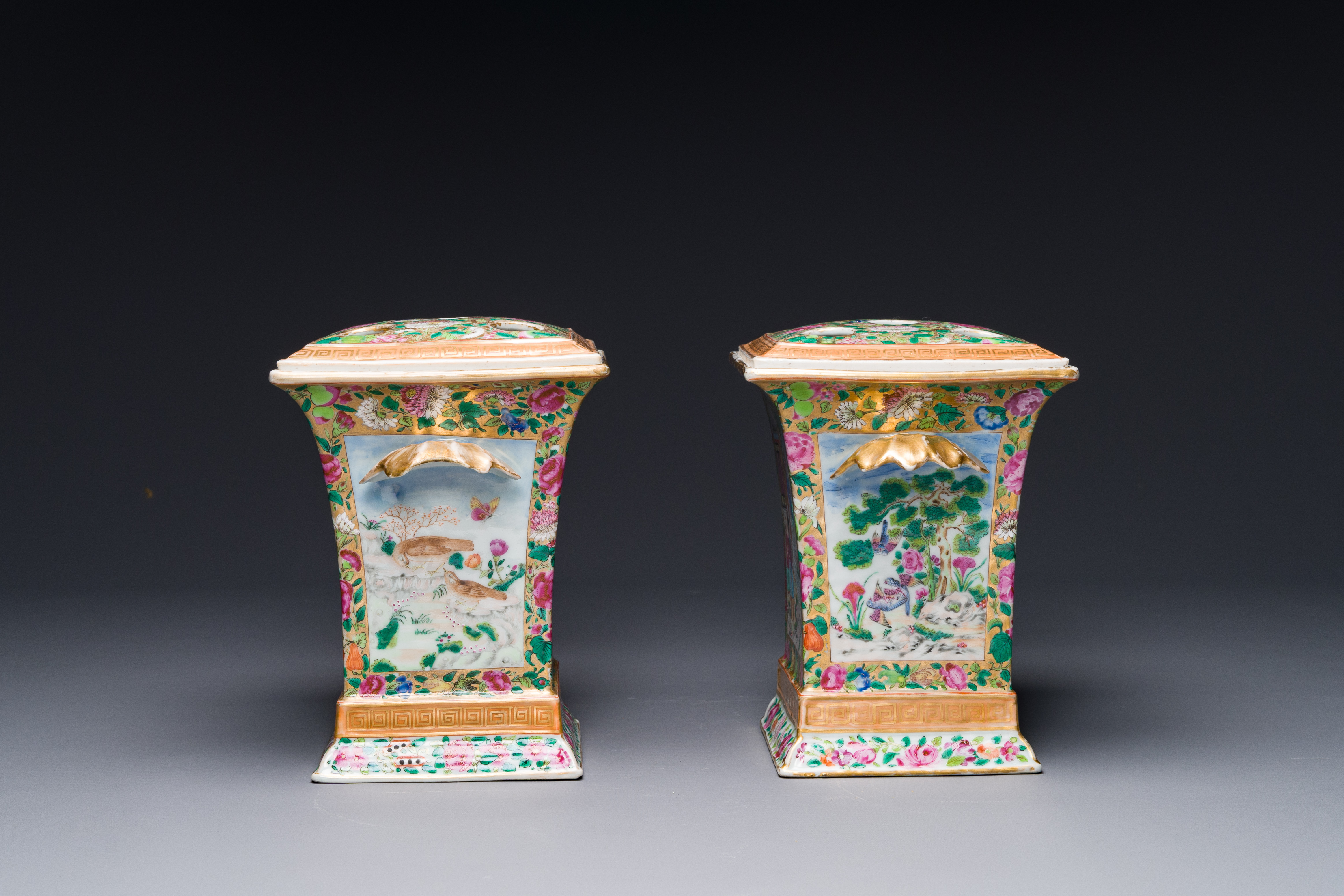 A pair of Chinese Canton famille rose bough pots and covers, 19th C. - Image 5 of 7