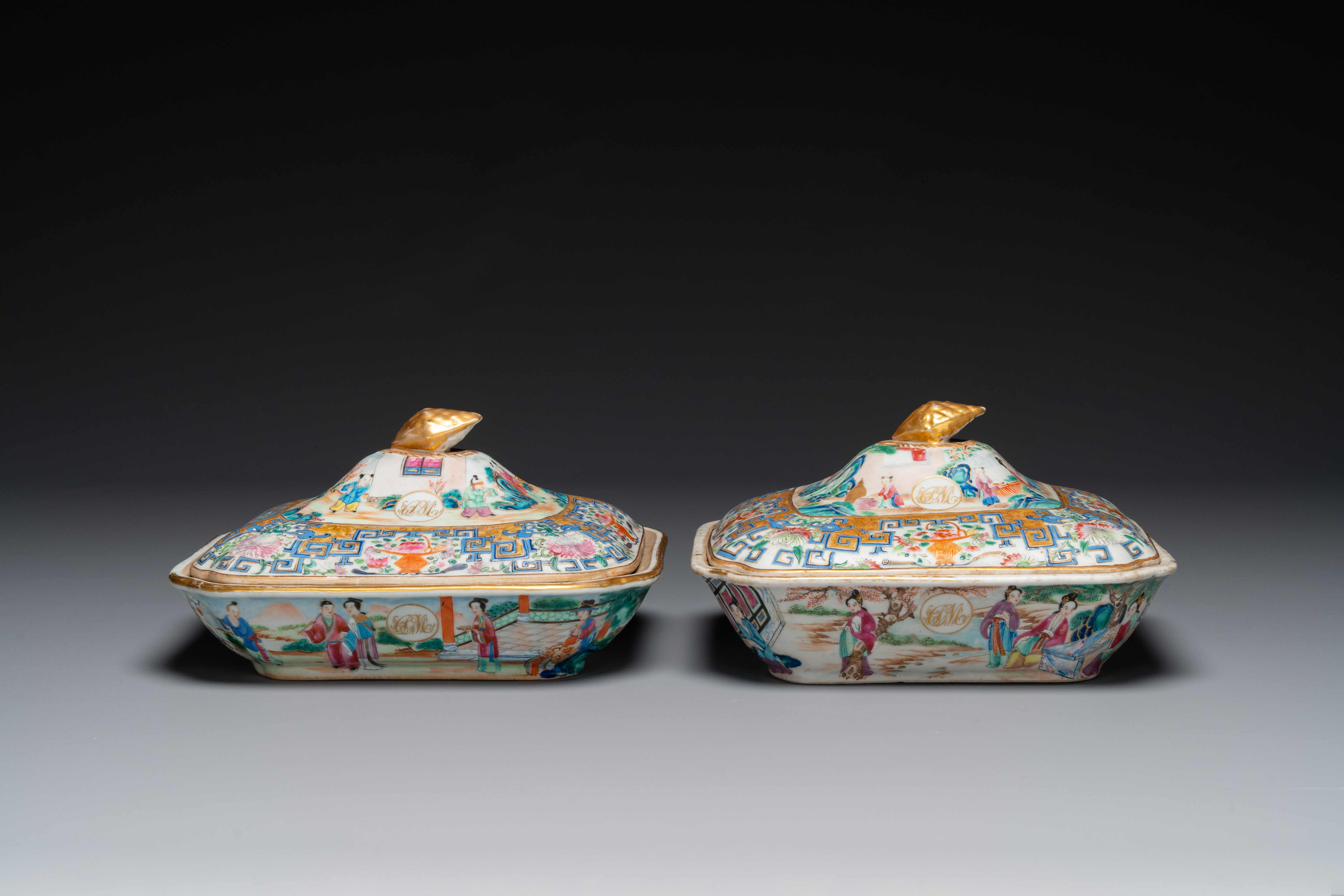 A pair of Chinese 'CSM' monogrammed Canton famille rose tureens and covers, 19th C.