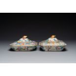 A pair of Chinese 'CSM' monogrammed Canton famille rose tureens and covers, 19th C.