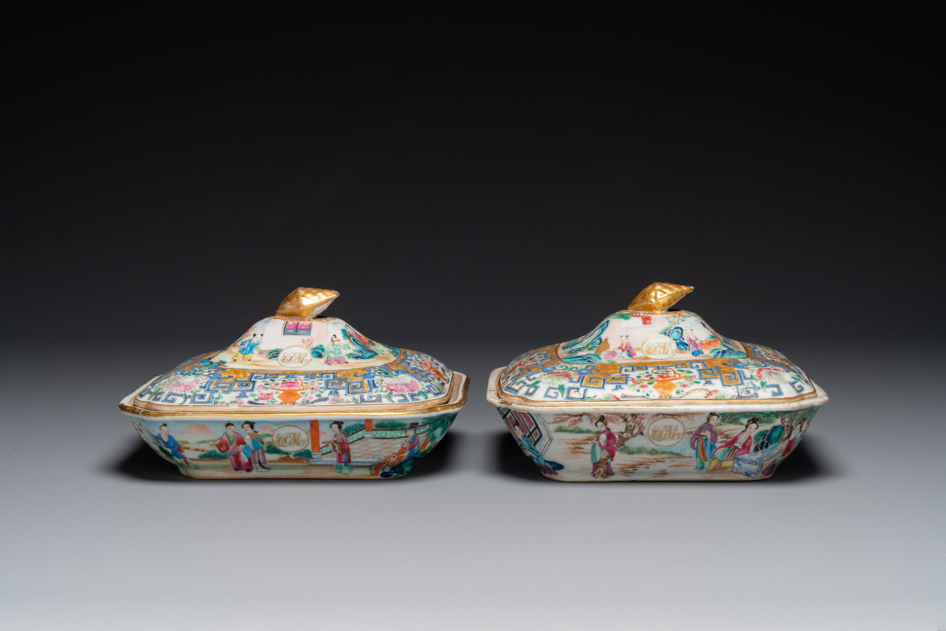 A pair of Chinese 'CSM' monogrammed Canton famille rose tureens and covers, 19th C.