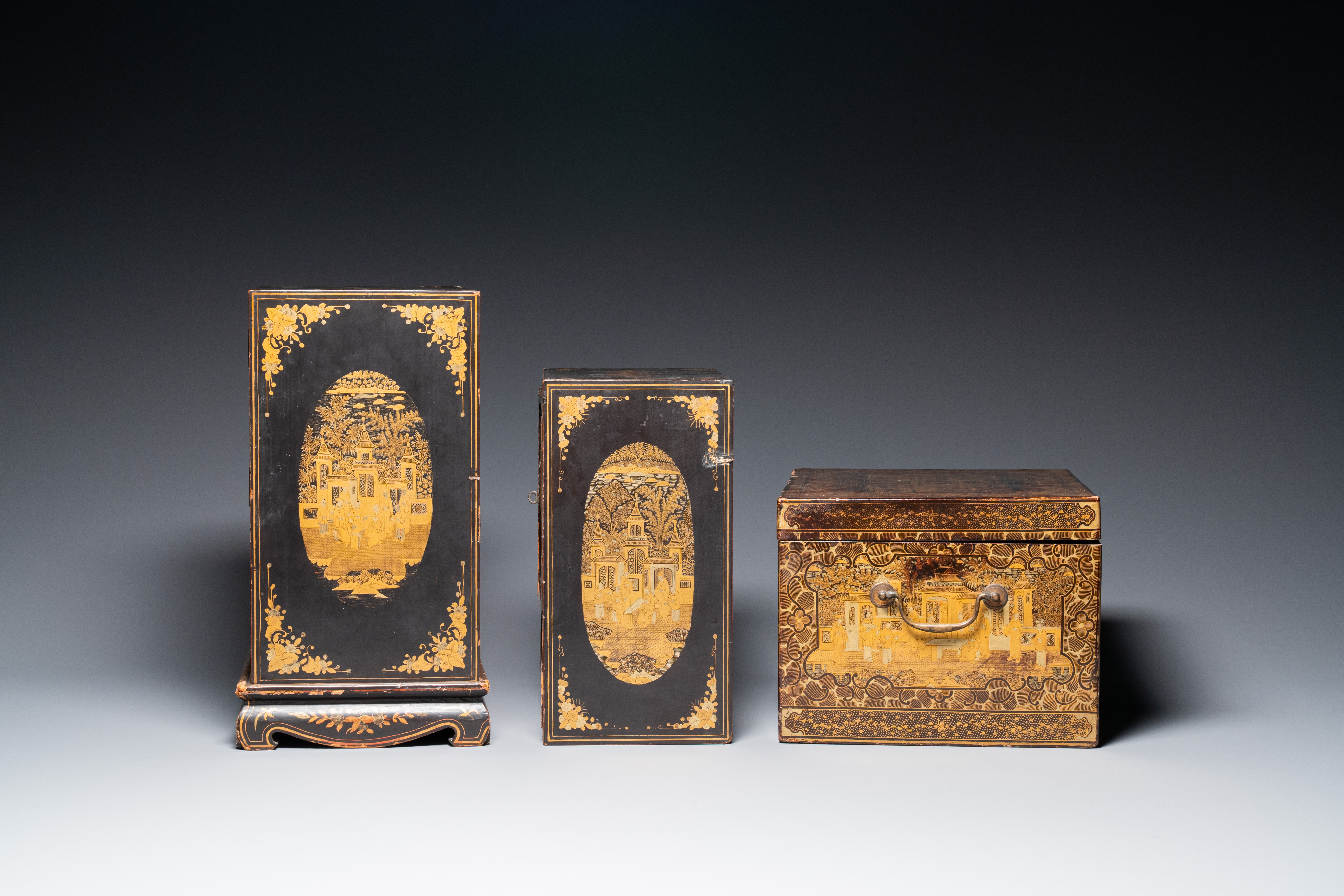 Two Chinese Canton gilt black lacquer miniature cabinets and a box, 19th C. - Image 5 of 10