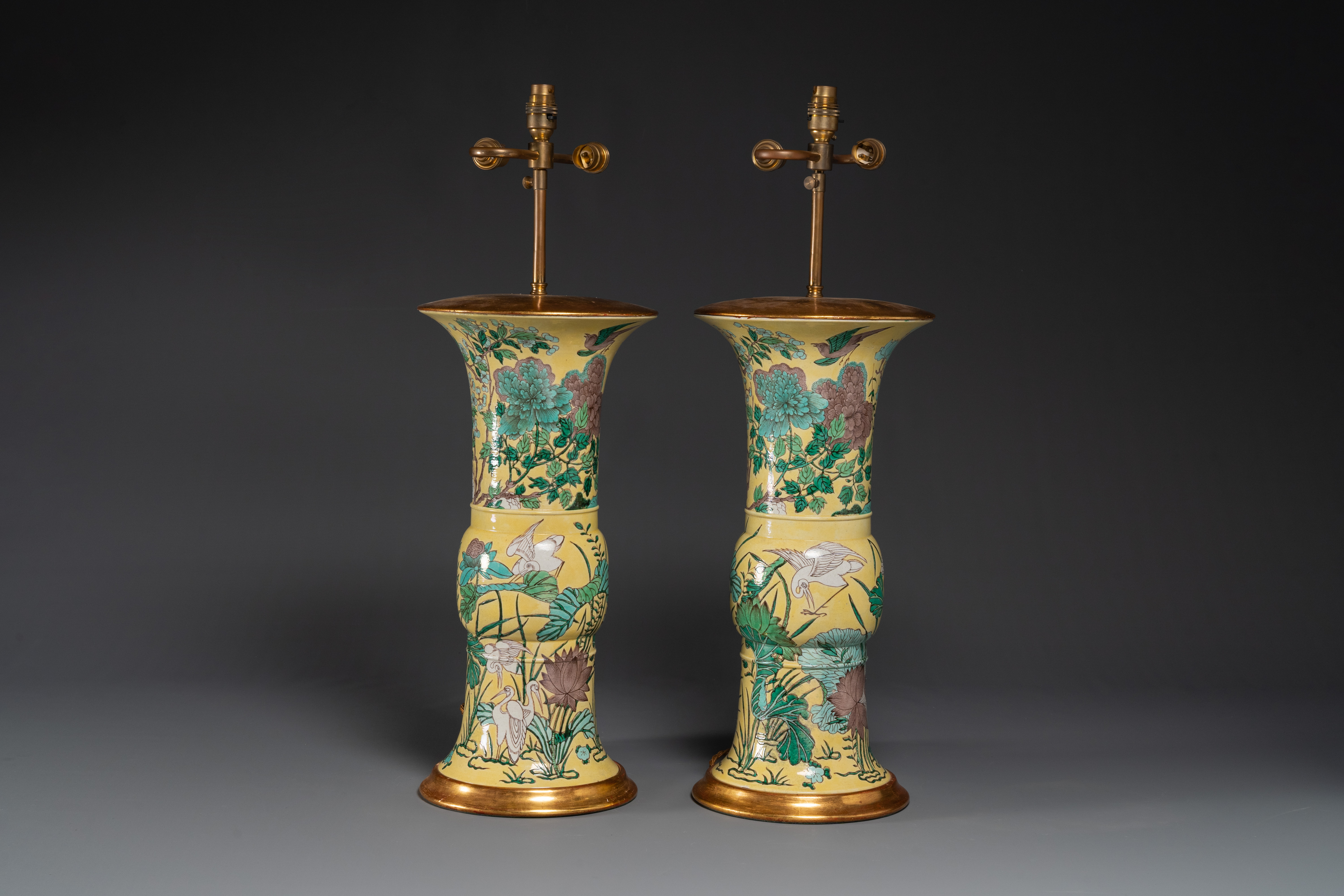 A pair of Chinese verte biscuit 'gu' vases with gilt bronze lamp mounts, 19th C. - Image 2 of 6