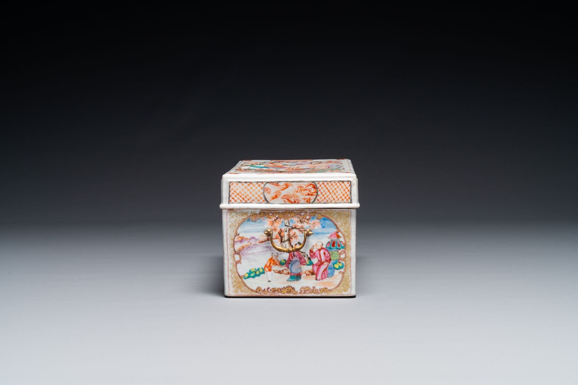 An extremely rare Chinese Canton famille rose 'mandarin subject' tea casket or chest with gilt bronz - Image 5 of 9