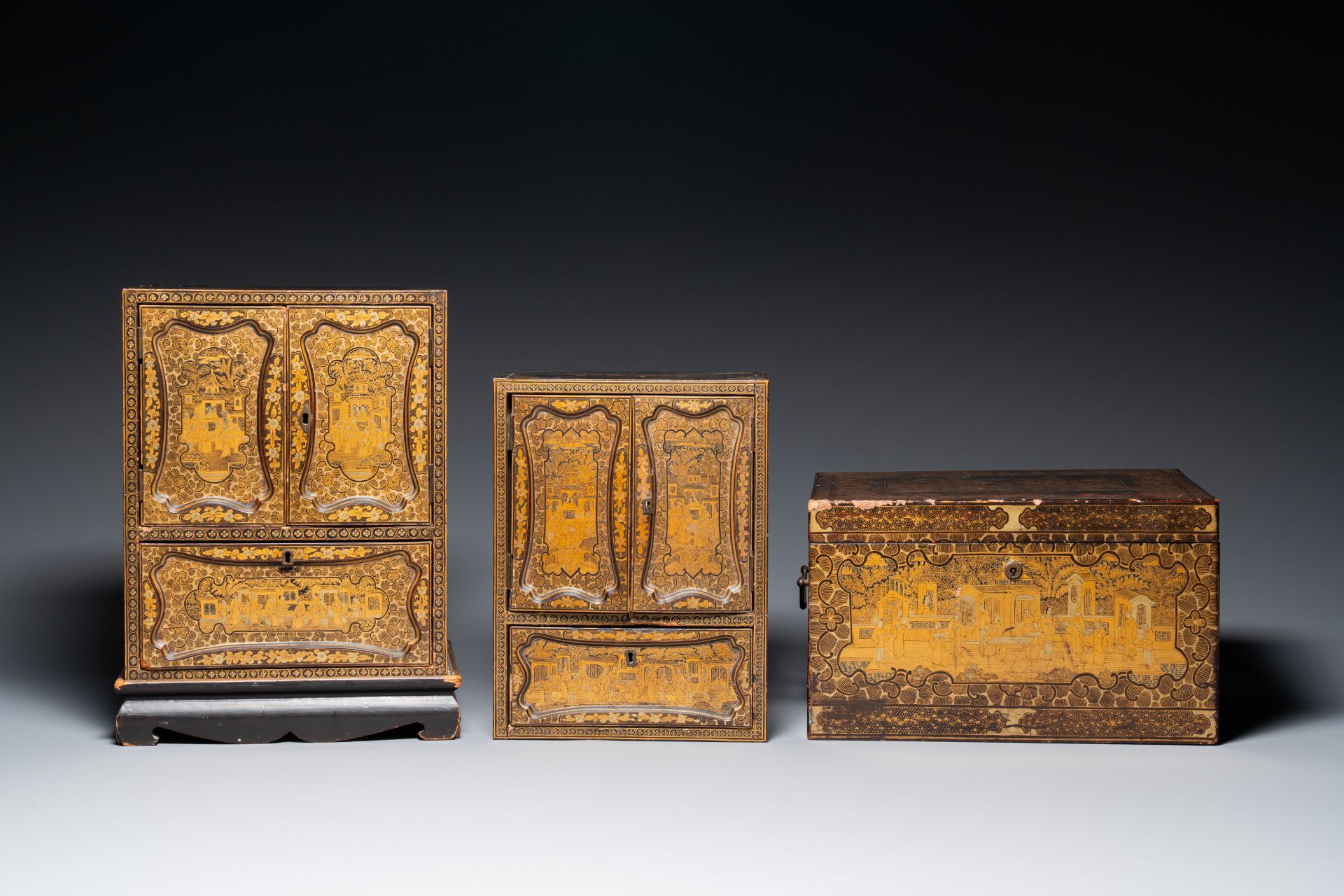 Two Chinese Canton gilt black lacquer miniature cabinets and a box, 19th C. - Image 2 of 10