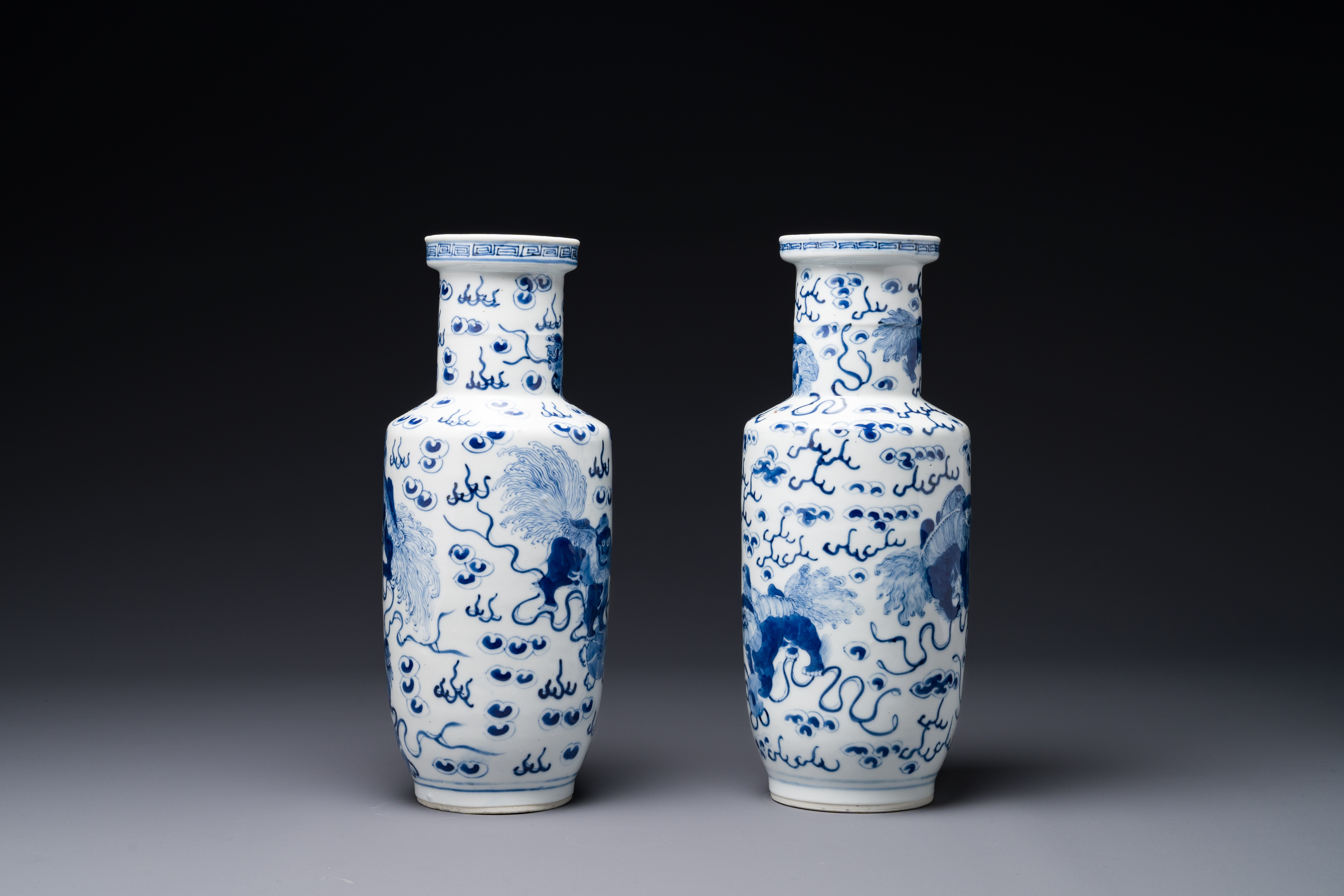 A pair of Chinese blue and white 'Buddhist lion' vases, Kangxi mark, 19th C. - Image 2 of 7