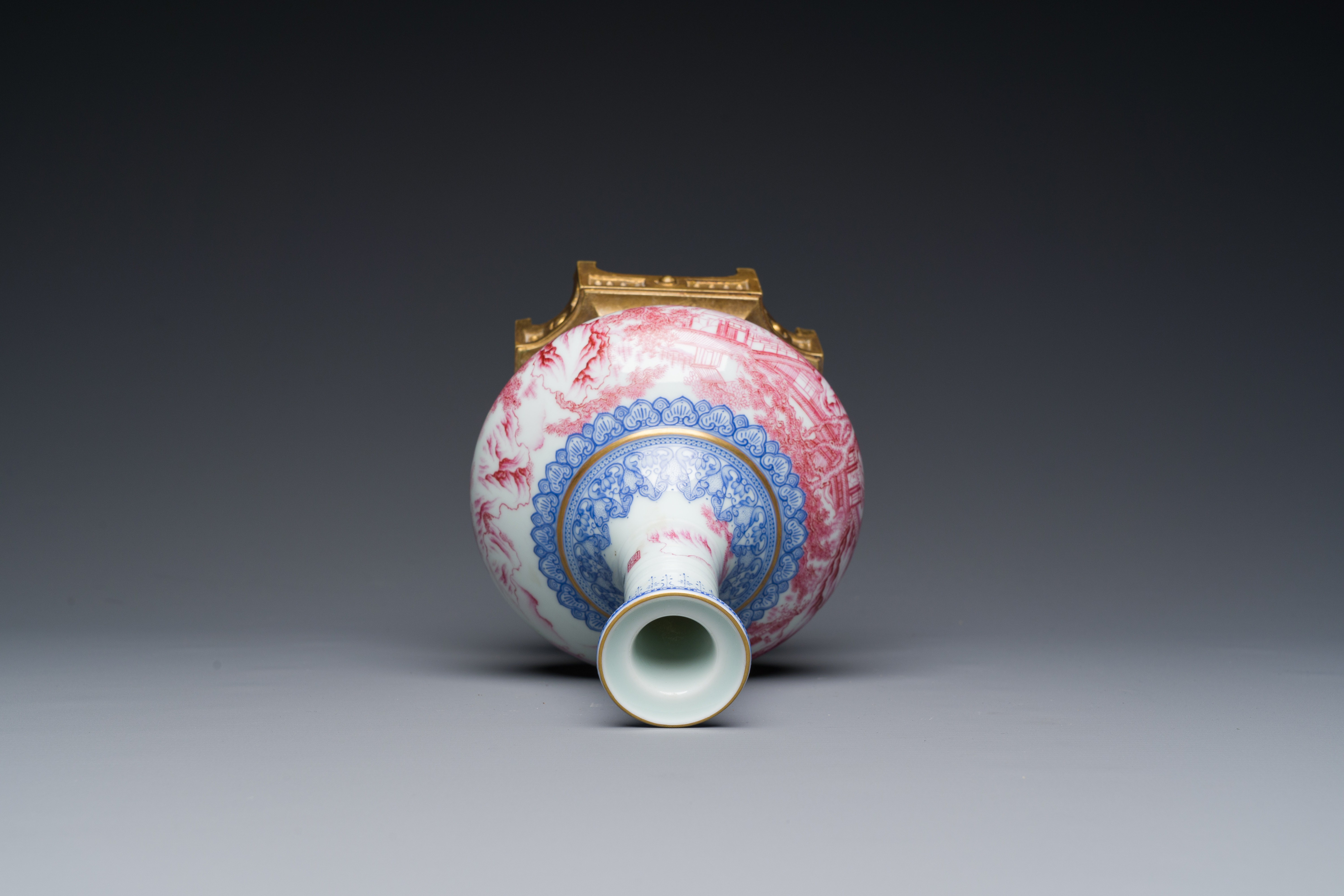 A Chinese blue-and-puce-enamelled bottle vase with a gilt bronze mount, 20th C. - Image 5 of 6