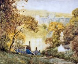 SIR ALFRED EAST, RA, RI, PRBA (1849-1913) watercolour - The East Cliff, Chepstow, with the castle in