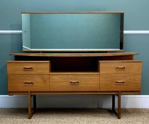 MID CENTURY TEAK DRESSING TABLE, wide mirror above floating shelf, drawers below, quadrille style