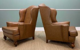 PAIR EARLY GEORGIAN STYLE FLAT ARM WINGBACK ARMCHAIRS, tan leather upholstery, claw and ball feet,
