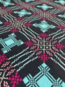 VINTAGE TRADITIONAL WELSH WOOLLEN BLANKET with blue and purple geometric design to a black ground,