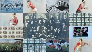 SPORTING MEMORABILIA, including five paintings of Welsh rugby players by artist Richard O'Connell,