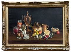 ‡ DEBORAH JONES (1921-2012) oil on canvas - still life with samovar, bread loaf, fruit,