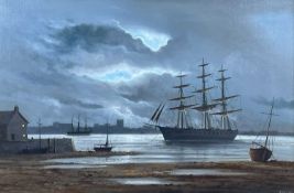 JOHN STEWART (b. 1948) oil on canvas - Tall ships at anchor in moonlight, signed, 59 x 90cms