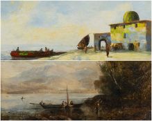 RAYMOND WITCHER, (20TH C.) oil on board - felucas by jetty and Arabic building, signed, 28 x