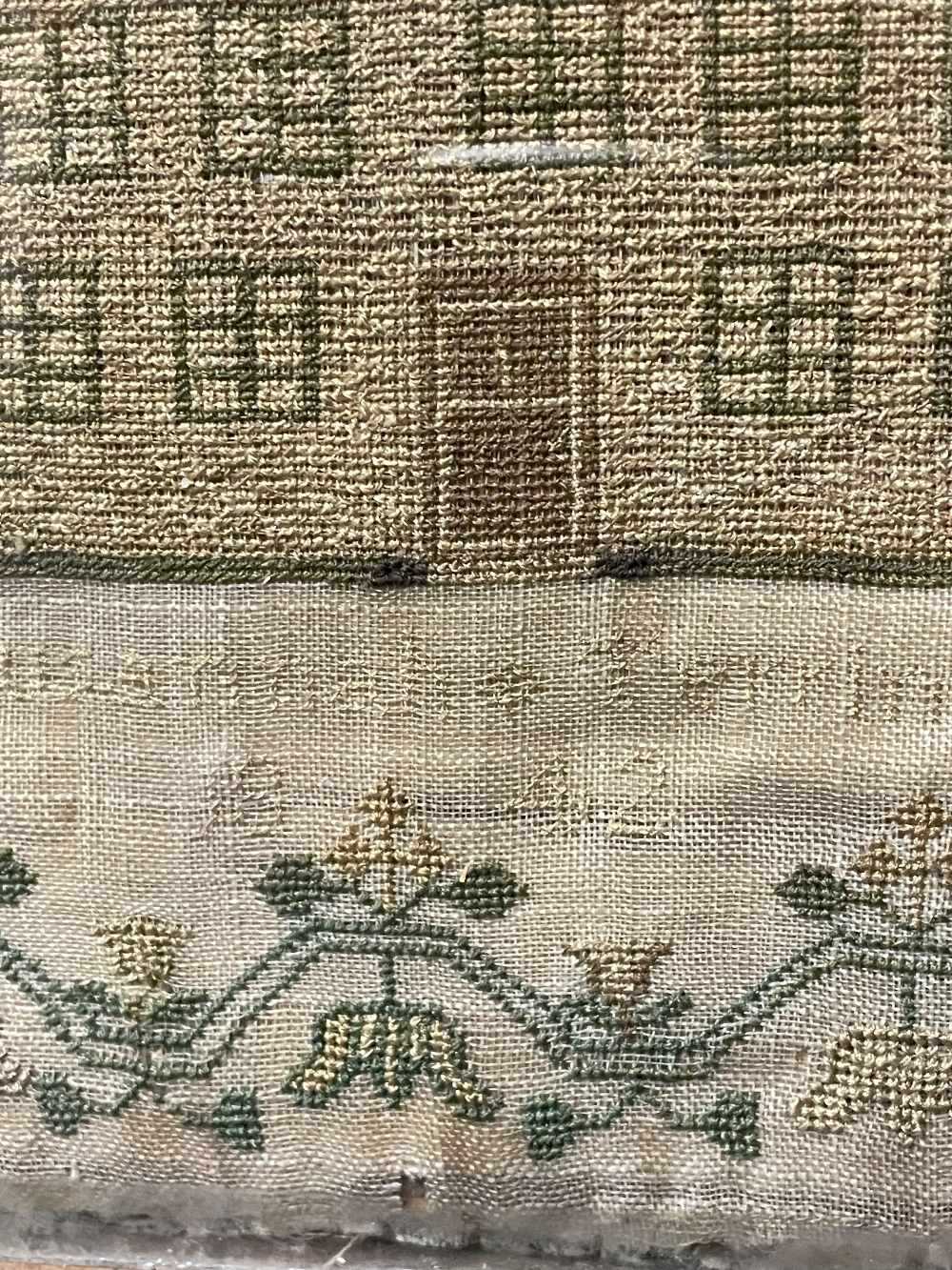 EARLY VICTORIAN NEEDLEWORK SAMPLER, by Susannah Terrington aged 10, dated 1842, decorated with - Image 13 of 15