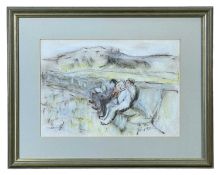 ‡ WILL ROBERTS mixed media - untitled, figures sat on a harbour wall, signed with initials, 20 x