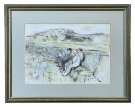 ‡ WILL ROBERTS mixed media - untitled, figures sat on a harbour wall, signed with initials, 20 x