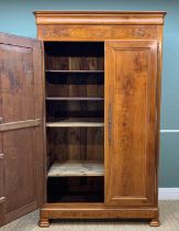 DUTCH JOINED FRUITWOOD CUPBOARD, with burr elm panels, moulded cornice, ebony-strung panelled doors,