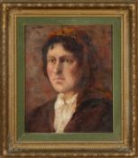 ** WALSH, oil on canvas - portrait of a lady in orange floral scarf, indistinctly signed, 35 x 29cms
