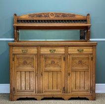 LATE VICTORIAN OAK MIRROR BACK CHIFFONIER, foliate carved and spindle back, above frized drawers and