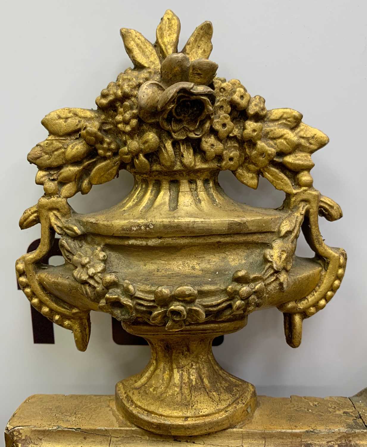 GEORGIAN STYLE GILT GESSO MARGINAL MIRROR, with flowering urn, trophy and rose spray crest and - Image 5 of 14