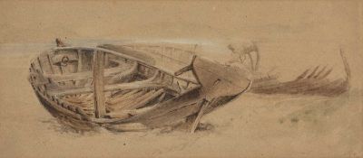 EDWARD DUNCAN (1803-1882) watercolour - Wrecks in Swansea Bay, two wrecked and beached dinghy/