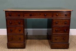 19TH C. MAHOGANY PEDESTAL DESK, inset tooled leather writing surface above arrangement of nine