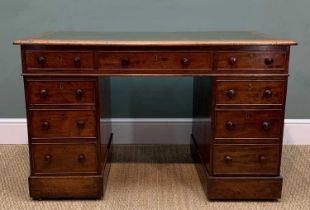 19TH C. MAHOGANY PEDESTAL DESK, inset tooled leather writing surface above arrangement of nine