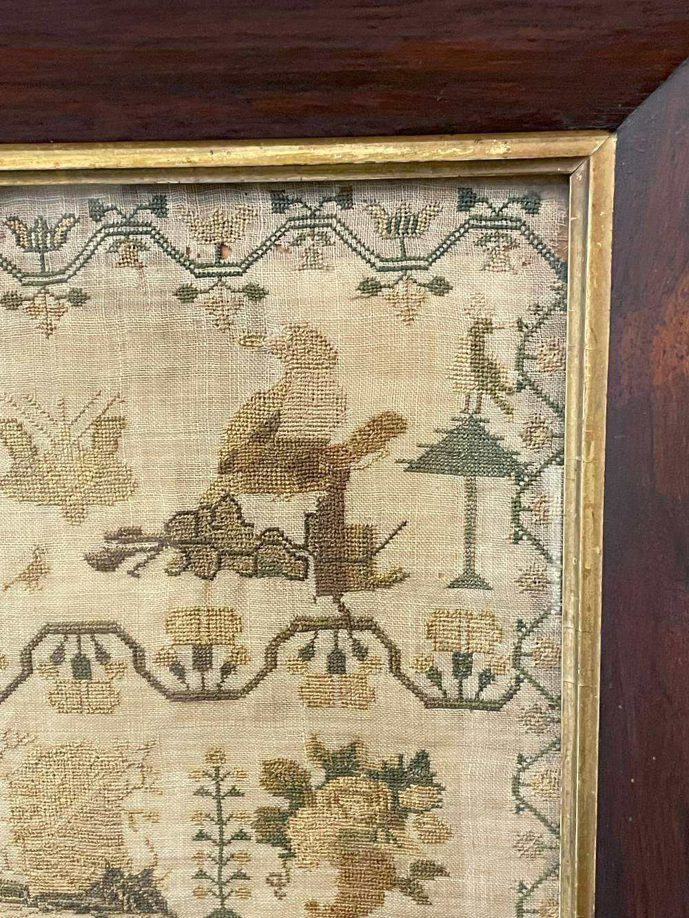 EARLY VICTORIAN NEEDLEWORK SAMPLER, by Susannah Terrington aged 10, dated 1842, decorated with - Image 7 of 15