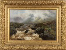 SYDNEY WATSON ARTHUR R.C.A. (1881-1931) oil on canvas - misty highland sheep riverscape, signed