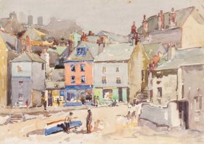 ‡ WILL EVANS watercolour on card - harbour, town and figures, 39 x 55cms Provenance: private